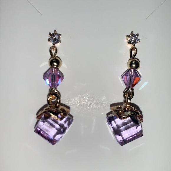 Cubic Zirconia Post Stud With Dangling Drop Purple Cubic Crystal Pendant - Picture 3 of 15